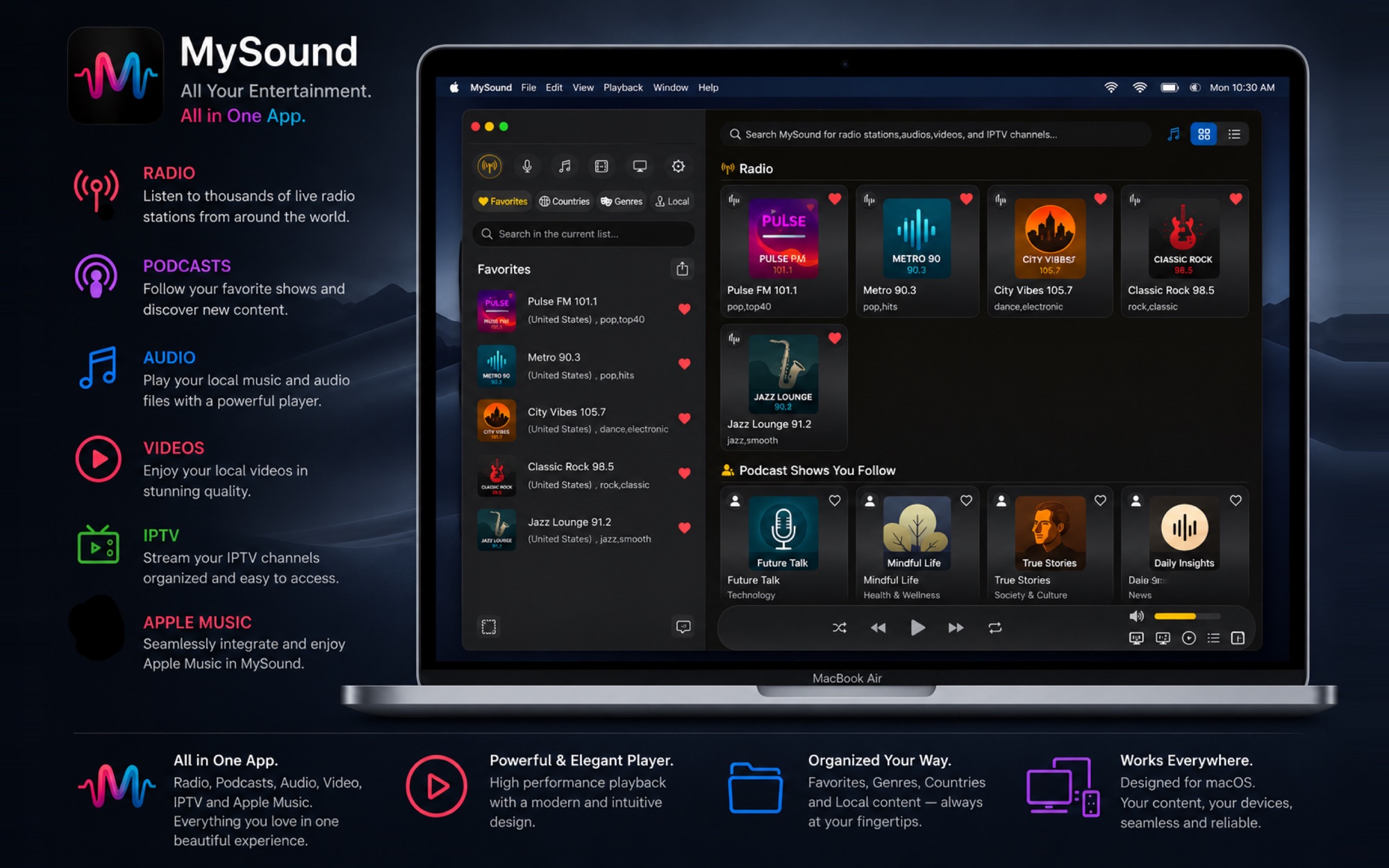 MySound on a MacBook Air, showing favorite radio stations and followed podcasts, alongside its six modules: Radio, Podcasts, Audio, Videos, IPTV and Apple Music