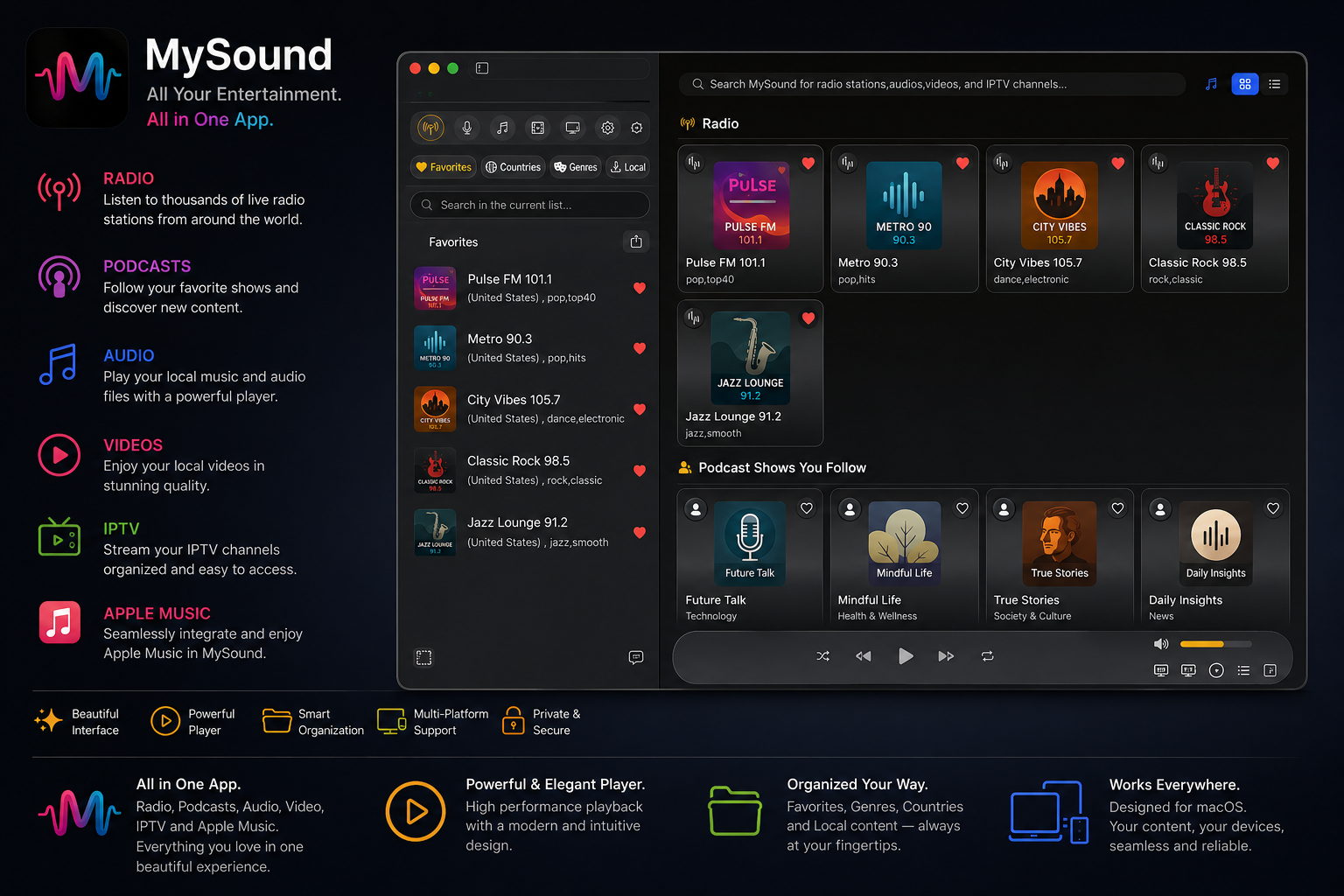 MySound app screenshot showing Radio, Podcasts, Audio, Video and IPTV in a single interface